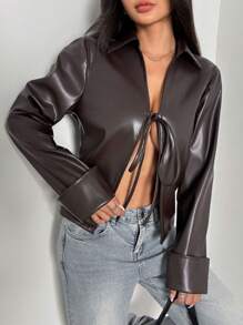 Chiquease Women's Simple Elegant Fashion Sexy Tie Front Faux Leather Jacket, Suitable For All Seasons - Black - View 1