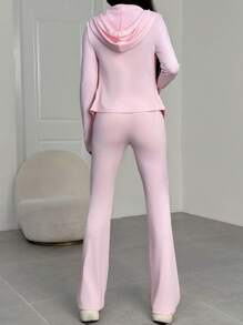 SHEIN EZwear 2 件套女士拉链连帽运动衫和休闲喇叭裤套装，秋季 - 粉色 - 查看 2