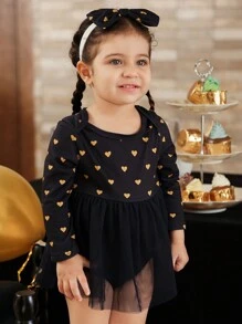 SHEIN Baby Girl Casual Foil Heart Pattern Splice Mesh Ruffle Bodysuit With Headband - Navy Blue - View 7