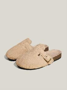 Solecia Women Thermal Slippers For Outdoor Wear, Flat Closed Toe Slip On Fluffy Mules For Autumn And Winter New Year Holiday