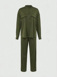 INAWLY Conjunto de 2 piezas para mujeres: Blusa de botones de manga larga con hombros caídos y pantalones de un solo color, conjunto informal de otoño
