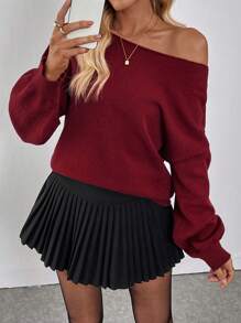 SHEIN Clasi Women's Elegant Open Back Oversized Crew Neck Long Sleeve Sweater, Autumn/Winter Knit Pullover Fall - Burgundy - View 2