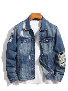 Manfinity Homme Chaqueta vaquera casual lavada y desgastada para hombre para otoño - Azul lavado medio - Ver 1