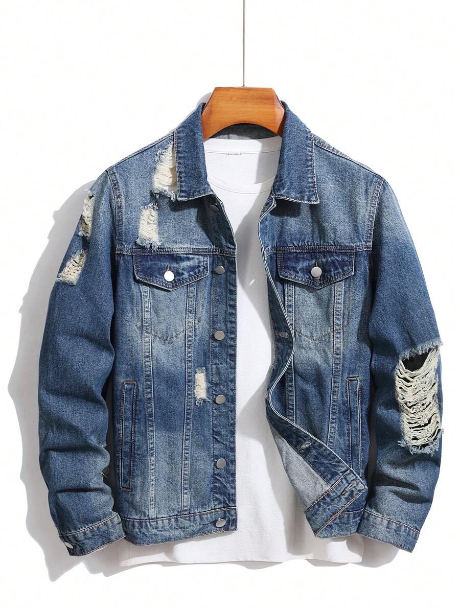 Manfinity Homme Chaqueta vaquera casual lavada y desgastada para hombre para otoño - Azul lavado medio - Ver 1