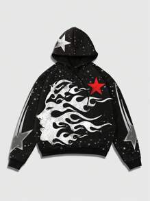 ROMWE MEN Street Life Men's Casual Figure Print Drawstring Hoodie, Autumn/Winter