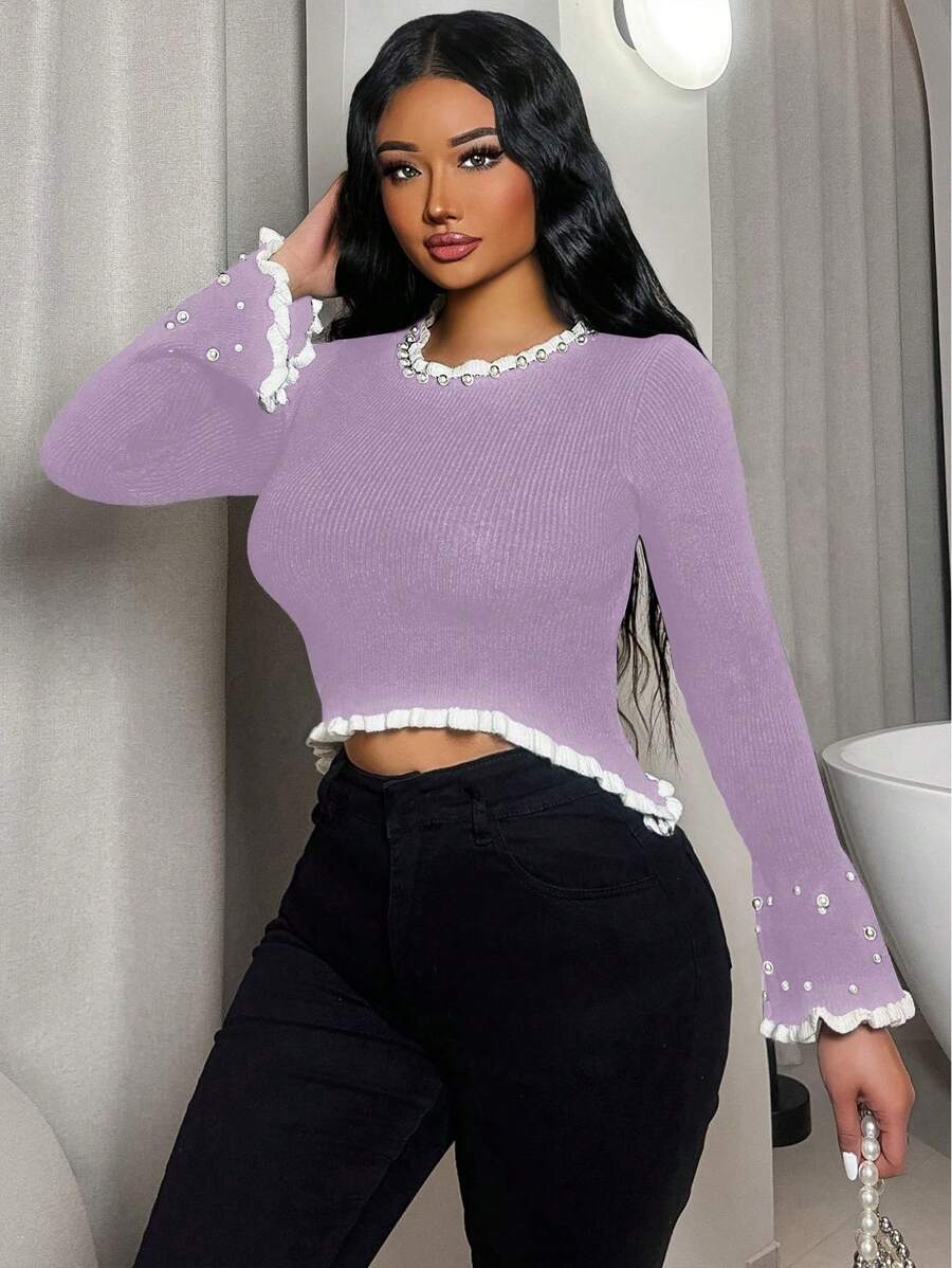 Zolique Women's Elegant Ruffle Beaded Ribbed Cropped Sweater, Long Flare Sleeve Crew Neck, Autumn/Winter Knit Pullover Fall - Purple - View 1