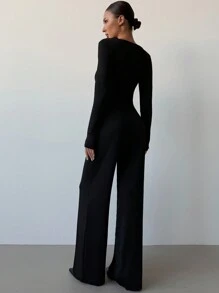 Aloruh 1pc Women's Sexy Deep V-Neck Metallic Buckle Bodycon Catsuit - Black - View 2