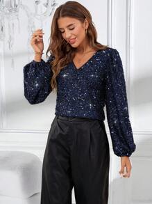 SHEIN Essnce Party Sequin Women's V Neck Blue Sequin Patchwork Long Sleeve Shirt - Royal Blue - View 4