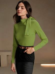 Anewsta Women's Elegant Solid Color Bowknot Shoulder Design Pullover Sweater, Suitable For Autumn, Winter, Going Out, Leisure, Formal, Party, Fashionable, New Year, Christmas, Work, Graduation, Wedding - Green - View 5