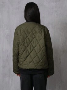 Aveloria Affinna Autumn/Winter Clothes Casual Rhombic Quilted Padded Padded Coat With Large Pockets, Crew Neck, Long Sleeve, Short Style  - Army Green - View 2