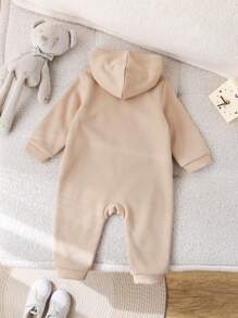 SHEIN Baby Boy And Baby Girl Khaki Plush Lined Soft Knit Loose Hooded Zipper Front Jumpsuit Romper, All-Match Versatile For Indoor And Outdoor Wear, Autumn/Winter