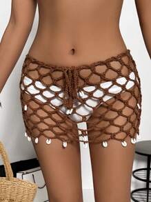 Women's Summer Seashell Trim Crochet Openwork Cover-Up With Drawstring Hem & Skirt - Coffee Brown - View 5