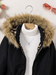 Tween Girls Casual Leopard Fleece Jacket - Black - View 4