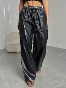 SHEIN EZwear Pantalones sueltos y casuales con cintura elástica, patchwork de estampado de leopardo y de PU