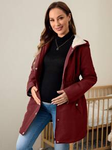 SHEIN Maternity Hooded Jacket/Coat, Fuzzy Button Solid Color Jacket For Pregnant Women, Autumn/Winter - Burgundy - View 4