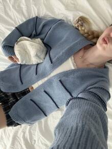 SHEIN EZwear Gentle Blue Minimalist Jacquard Pattern Cardigan For Women, Suitable For Autumn/Winter - Blue - View 1