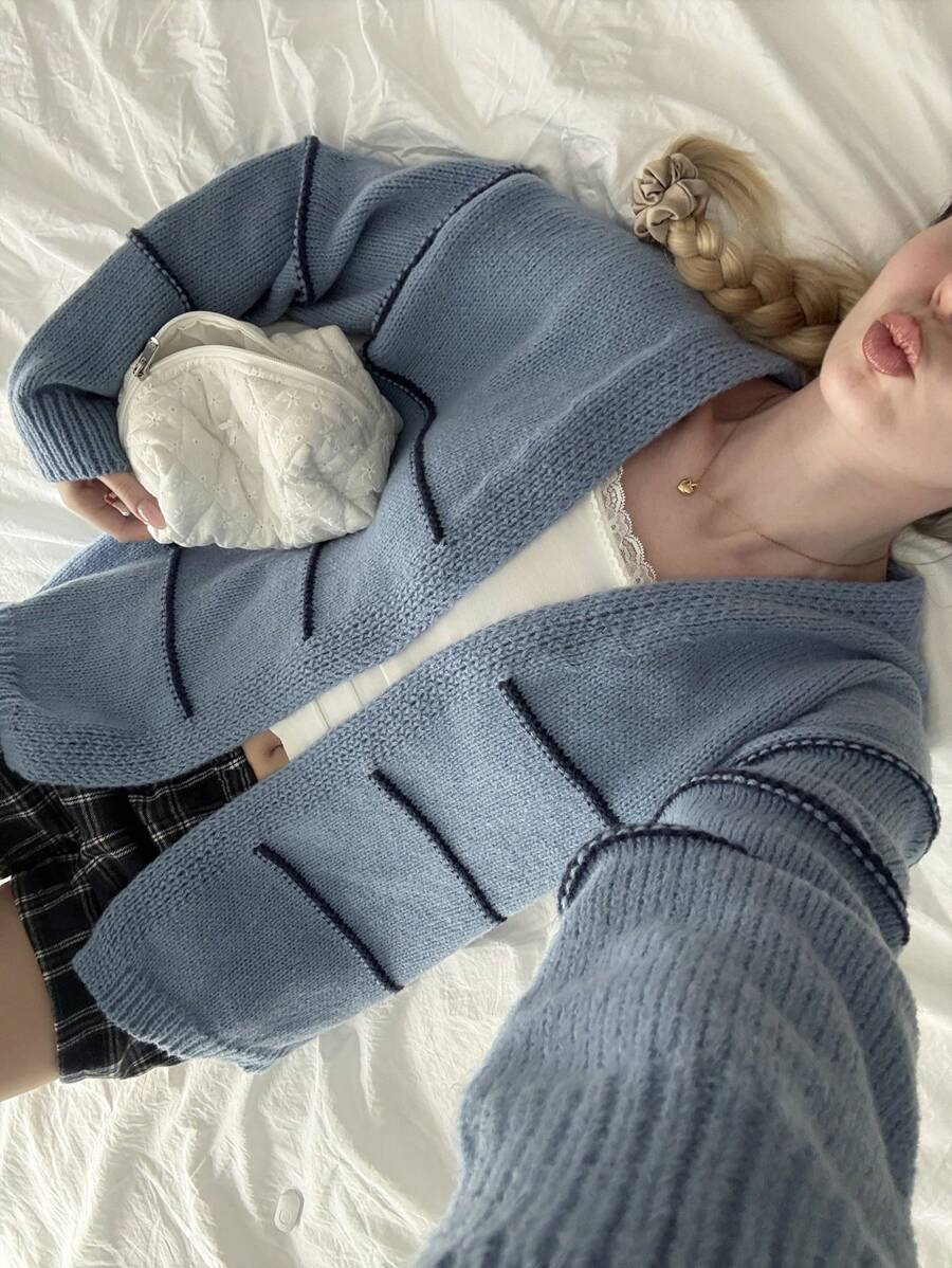 SHEIN EZwear Gentle Blue Minimalist Jacquard Pattern Cardigan For Women, Suitable For Autumn/Winter - Blue - View 1