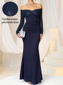 SHEIN Belle 女士纯色拼接亮片露肩长袖鱼尾下摆优雅派对礼服，时尚秋冬宴会聚会节日礼服，公主名媛优雅网红流行日常穿搭连衣裙，时尚修身蓝色正式晚宴舞会礼服，圣诞节，跨年，婚礼宾客礼服 - 藏蓝色 - 查看 1