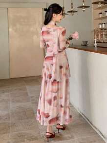 DAZY 女士扎染裹身长裙，春秋季长袖碎花连衣裙 - 彩色 - 查看 5