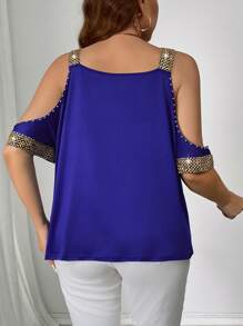 Damen Große Größen Sommer Lässig T-Shirt mit freien Schultern und kurzen Ärmeln mit Webstoff Damen Oberteil