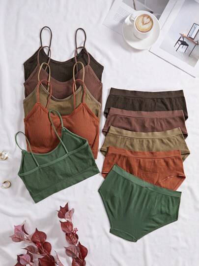 Women Solid Ribbed Cami Com Underwear Set view 5