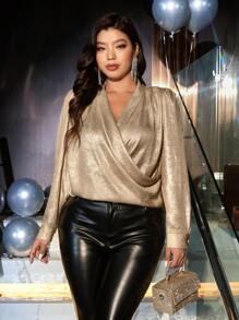 Cravure Plus Size Metallic Wrap Blouse For Fashionable Party Wear For New Year Holiday Party Clothes Prom
