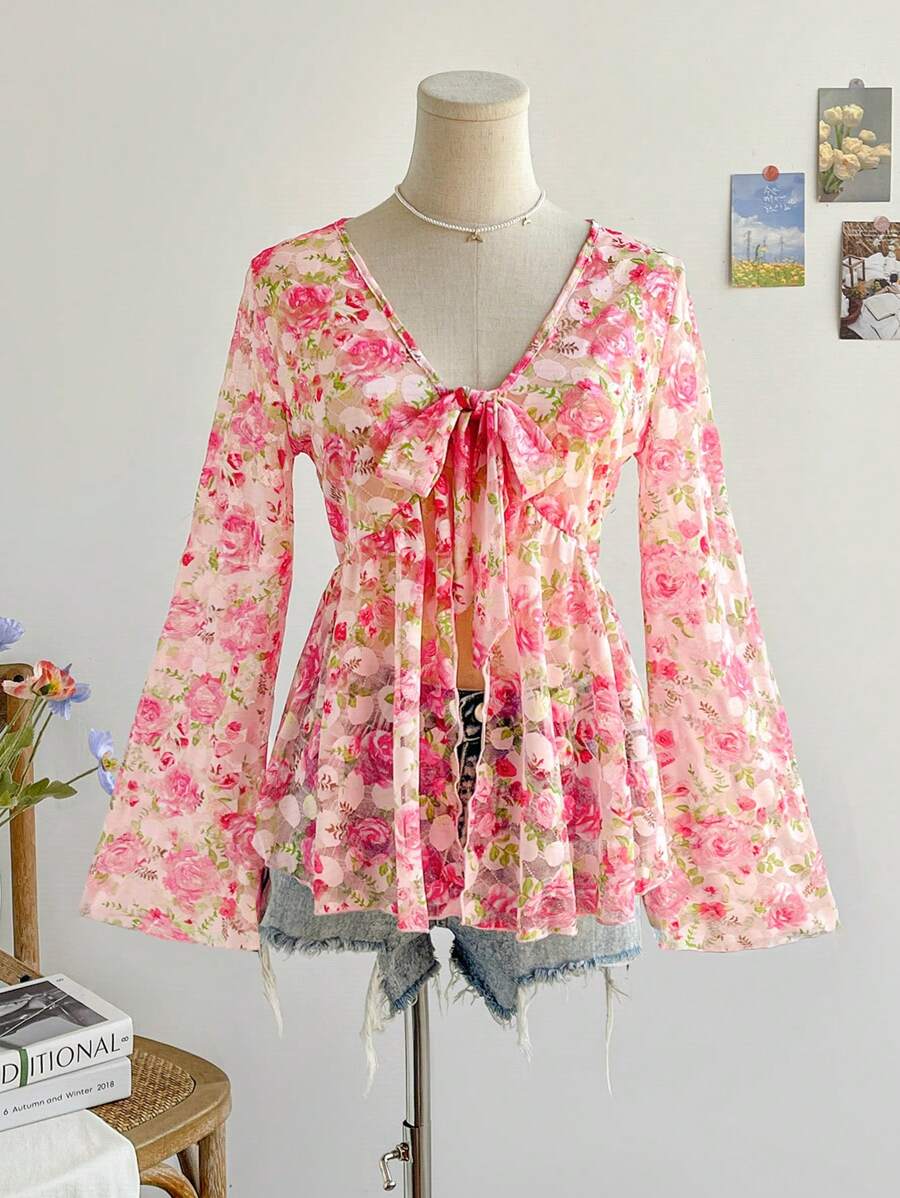 Soleia Áo khoác cardigan họa tiết hoa hình quả trứng lãng mạn dành cho nữ có tay chuông, trang phục đi nghỉ - Nhiều màu - Xem 1