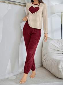 2pcs Plush Embroidered Heart Print Lounge Set, Autumn/Winter, Fall Clothes  Cozy And Elegant Details - Burgundy - View 3