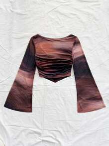 Soleia Casual Vacation Knit Mesh Tie-Dye Tie Dye Print Square Neck Long Flare Sleeve Slim Cute T-Shirt