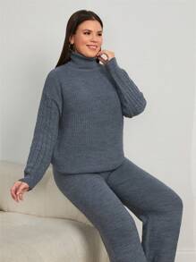 EURMUSE Plus Size Turtleneck Drop Shoulder Sleeve Sweater And Pants Set, For Winter - Dark Grey - View 5