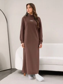 Mulvari Women's High Neck Contrast Color Trim Pocket Front Geometric Print Long Sweatshirt Dress