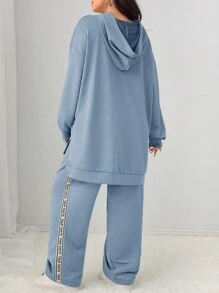 Mulvari Conjunto de 2 piezas talla grande casual con capucha con cordón y estampado de letras y pantalón de chándal, conjunto de 2 piezas para otoño