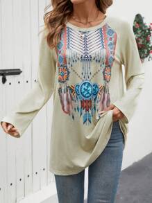 SHEIN LUNE Women's Raglan Sleeve Geometric Print Round Neck Casual Loose T-Shirt, Autumn Graphic Tees Women Tops Fall Cloth For Women - Apricot - View 1