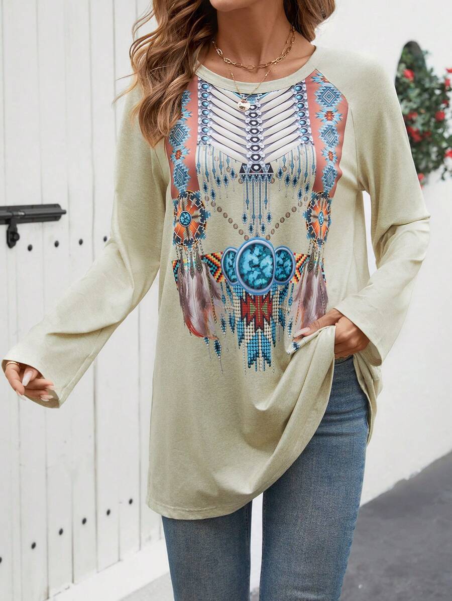 SHEIN LUNE Women's Raglan Sleeve Geometric Print Round Neck Casual Loose T-Shirt, Autumn Graphic Tees Women Tops Fall Cloth For Women - Apricot - View 1