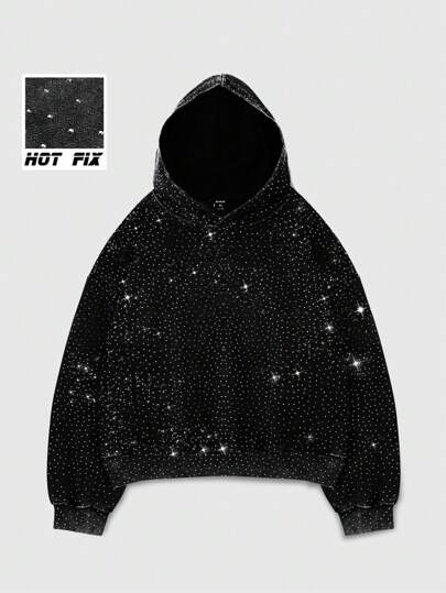 ROMWE MEN Street Life Spring Casual Graphic Men'S Heavyweight Oversized Rhinestone Cropped Hoodie, Streetwear, Long Sleeve Top
