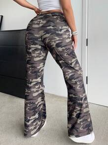 Flirla Plus Size Casual Camo Print Drawstring Waist Flared Pants - Army Green - View 2