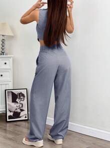 SHEIN EZwear Ladies' Linen Simple Stripe Print Tube Top And Long Pants Two Pieces Set In Fall/Winter - Navy Blue - View 2