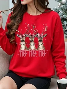 Christmas Girls Casual Fashion Cartoon Cute Bow Deer Design Print Sweatshirt, Sibling Outfits Matching Outfits (2 Pieces Are Sold Separately)