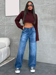 EURMUSE Jean coupe droite taille mi-haute avec détail broderie