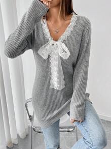 Chiquease Eleganter Damen V-Ausschnitt Pullover Sweater mit Spitzenbesatz, Langarm, minimalistisches Design Strickpullover Herbst Winter