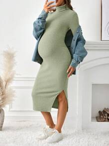 SHEIN Maternity High Neck Fitted Over-The-Knee Rib Knit Casual Dress, Autumn/Winter