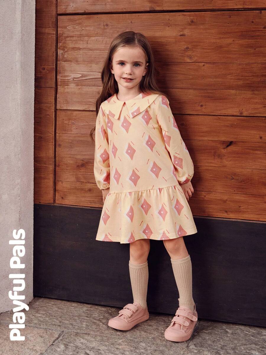 SHEIN 1 件年轻女孩连衣裙钻石图案趣味卡通印花可爱/复古/休闲/郊游秋/冬/春适合上学和郊游 - 黃色 - 查看 1