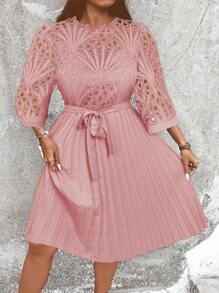 Celure Plus Size Elegant Solid Color Lace Patchwork Pleated Hem Dress, Autumn Modest Party Dressold Rose Dressshein Dress Elegantpink Winter Dress - Rusty Rose - View 5