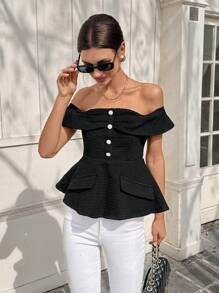 SHEIN Unity Blus Wanita Model Off-Shoulder dengan Kancing Mutiara Imitasi dan Bahan Tweed Elegan untuk Pesta dan Sehari-hari - Hitam - View 6