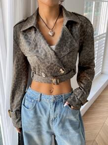 SHEIN EZwear Women's Autumn Leopard Print Lapel Collar Long Sleeve Short Fashionable Trench Coat
