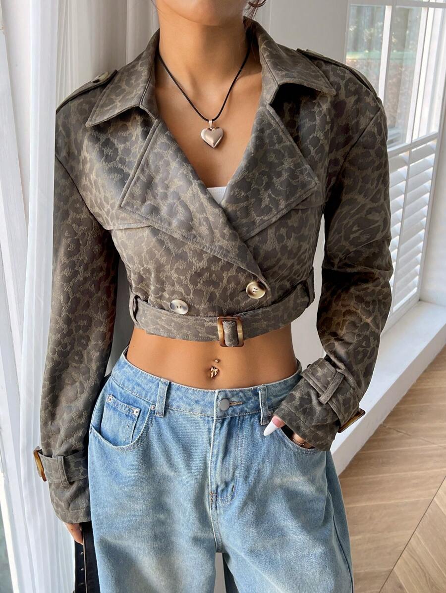 SHEIN EZwear Women's Autumn Leopard Print Lapel Collar Long Sleeve Short Fashionable Trench Coat