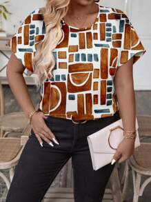 SHEIN LUNE Plus Size Women Geometric Print Round Neck Short Sleeve Loose Casual Shirts For Summer - Brown - View 5