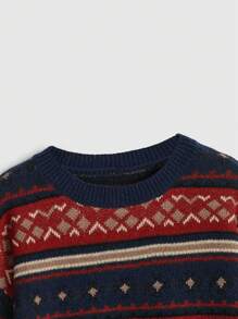 ROMWE Fairycore 女士几何图案圆领落肩长袖休闲套头毛衣，秋冬 - 彩色 - 查看 2