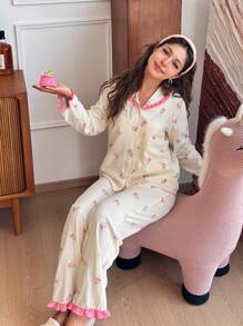 SHEIN 2pcs Teen Girl Floral Pattern Ruffled Collar Long Sleeve Top And Straight Leg Loose Fit Pajama Pants Set