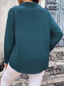SHEIN LUNE Plus Size Solid Color Front Button Elegant Commuting Long Sleeve Shirt - Teal Blue - View 2